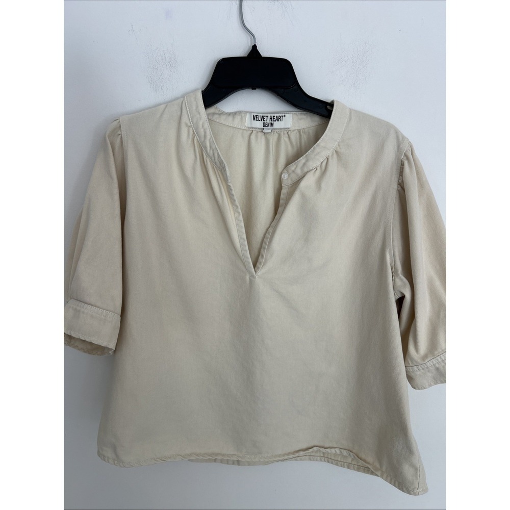 Velvet Heart Denim Women's XL V-Neck Crop Short Sleeve Top Ivory